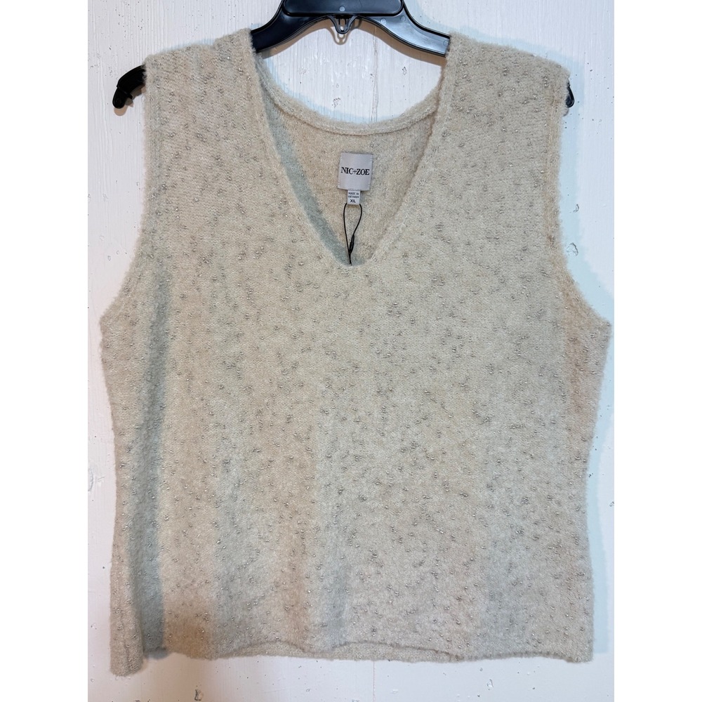 NIC+ZOE Women Warm Sand Metallic Boucle V-Neck Sweater Vest XL W251171 NWT